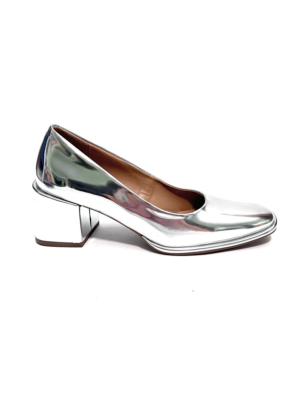 Vintage Y2K high mirror metallic silver leather slip on chunky heels - Picture 2 of 8